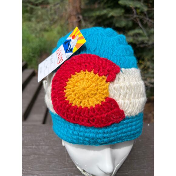 NEW Rising International Colorado Flag Crochet Fleece Lined Beanie Nepalese Hat - Picture 1 of 8